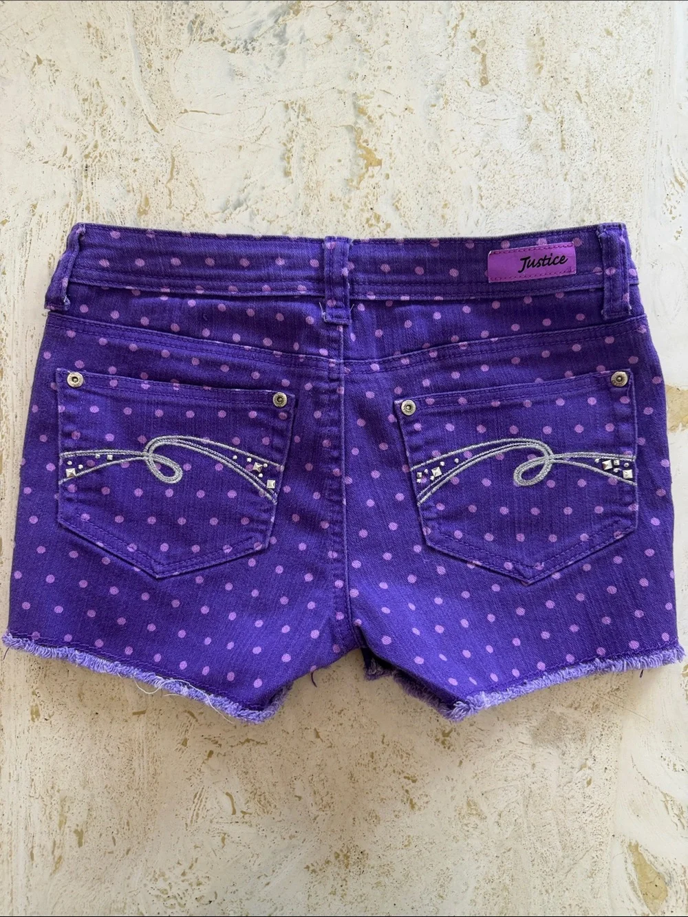 Justice Girls Purple Polka Dot Bedazzled Pocket Shorts Size 14 Regular